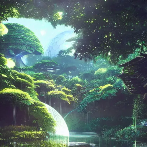 Prompt: geodesic dome with gardens and waterfall, gapmoe kuudere moody lighting stunning bokeh highlights sharp contrast | trending pixiv fanbox | by greg rutkowski makoto shinkai takashi takeuchi studio ghibli