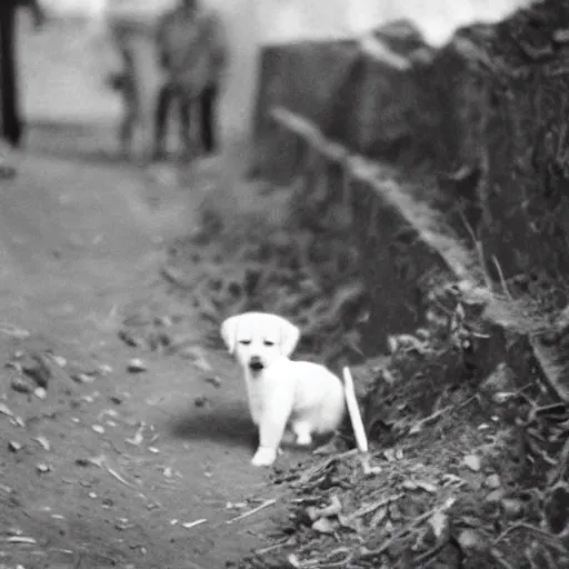 Prompt: photograph of a puppy in a trench ww2 grainy 35mm film