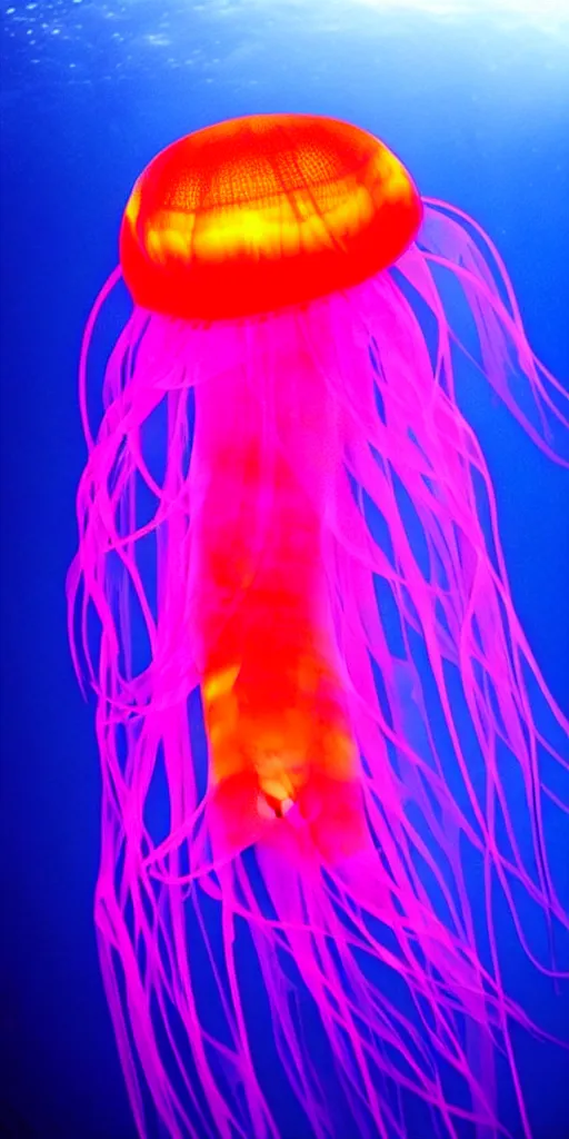 Image similar to a deep sea translucent bioluminescent jellyfish, purple and orange, hyperrealistic, extremely detailed, award winning underwater photograph