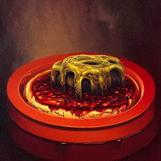 Image similar to meat jelly aspic on bone plate, incenerate painting by david cronenberg, beksinski, bernie wrightson, trending on artstation, horror film, creepypasta