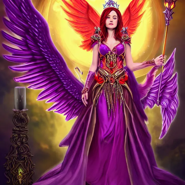 Image similar to Princess sorceress with red flaming bird wings on her back and sitting on an ornate throne dressed in a fancy long purple dress, beautiful realistic symmetrical defined face, Slight smile and open eyes, anatomically correct, Fantasy, Full Portrait, High detail, realistic, planeswalker