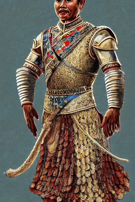 Image similar to from https : / / images. app. goo. gl / m 2 me 1 jcqzqfwpm 9 j 8! dream, full body portrait of king ramkhamhaeng the great, leather armor, tai ethnic group leader, emotional movement in the battle, highly detailed, digital painting, watercolor, artstation, concept art, smooth, sharp focus, illustration