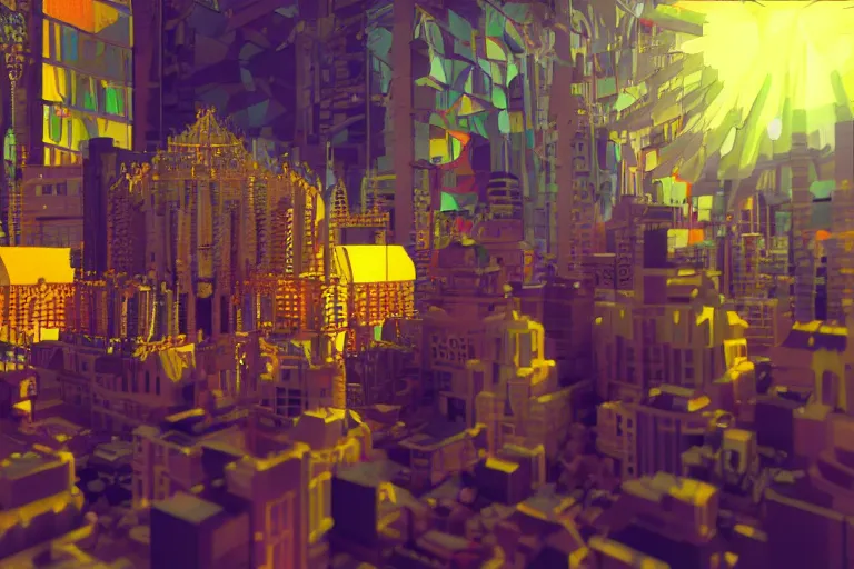 Image similar to Carnival, very highly detailed face's and body's. Voxel art by Caravaggio, cyan dimensional light, Details by Caravaggio, Cyberpunk city as Background by Hiromasa Ogura