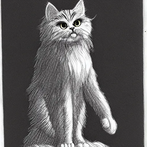 Prompt: extra fluffy Persian tabby cartoon cat standing on two feet, drawing by Don Bluth, pencil sketch with feathery lines