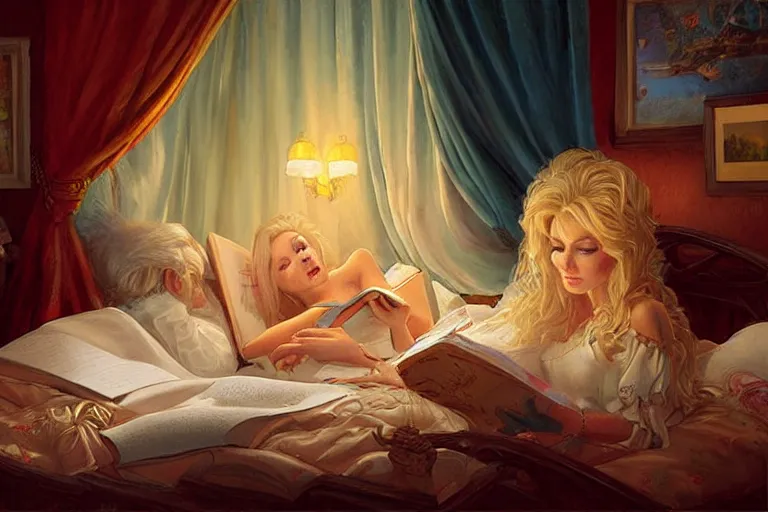 Image similar to portrait of young dolly parton reading a bedtime story to jim morison in bed, an oil painting by ross tran and thomas kincade