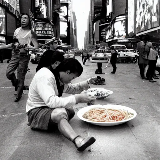 Prompt: genghis khan eating spaghetti on the times square