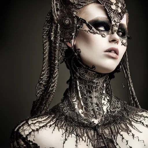 Image similar to a female harkonen model by stefan geselle and nekro borja, photorealistic, biomechanical, lace, intricate details, hyper realistic, ornate headpiece, photorealistic, canon r 3, photography, wide shot, photography, dark beauty, symmetrical features