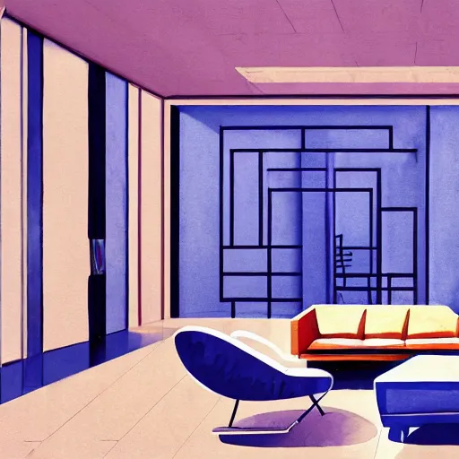 Image similar to a beautiful illustration of futuristic interior hall, lots of furniture, sofa, waiting room, big medium small, sacred geometry, golden ratio, in watercolor gouache detailed paintings, in style of syd mead, trending on artstation,8k, panel, hard surface, vent, zaha hadid