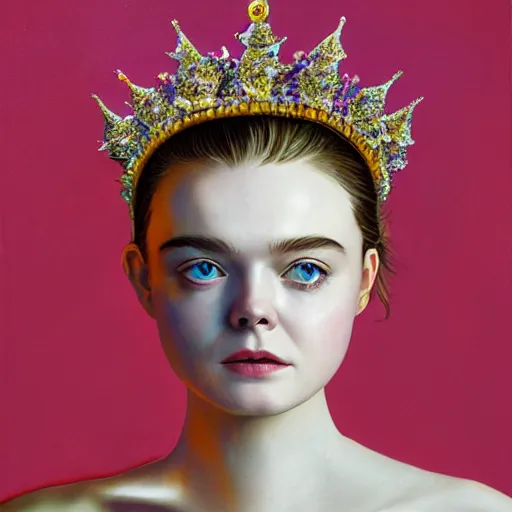 Prompt: Elle Fanning wearing a crown in the style of Paola Vetri, head and shoulders portrait, stormy weather, extremely detailed masterpiece, oil on canvas, low-key neon lighting, artstation, Blade Runner 2049, Roger Deakin’s cinematography, by J. C. Leyendecker and Peter Paul Rubens and Edward Hopper and Michael Sowa,