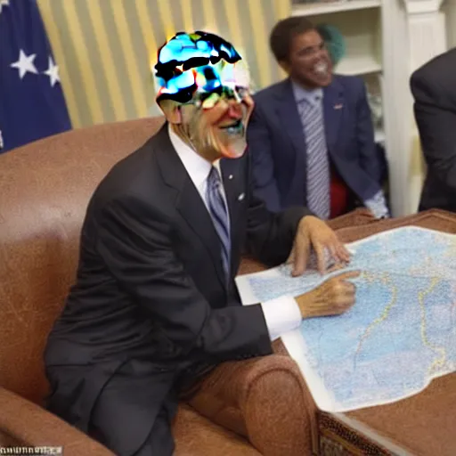 Prompt: Obama laughing at a map of Libya while sat upon his throne