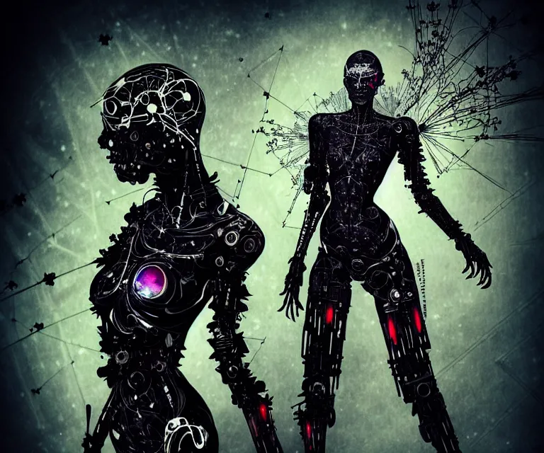 Image similar to gothic mute hybrid cyborg wearing cybor clothes shaping the universe, freedom fighter, eerie, cinematic, epic, 8 k, ultra realistic, rendered by awesomeness. | nights falling wind is blowwing snow is pilling concept art in style of carne griffiths artwork by xsullo. | backround of beautiful floweres floatingby elson, peter kemp, peter