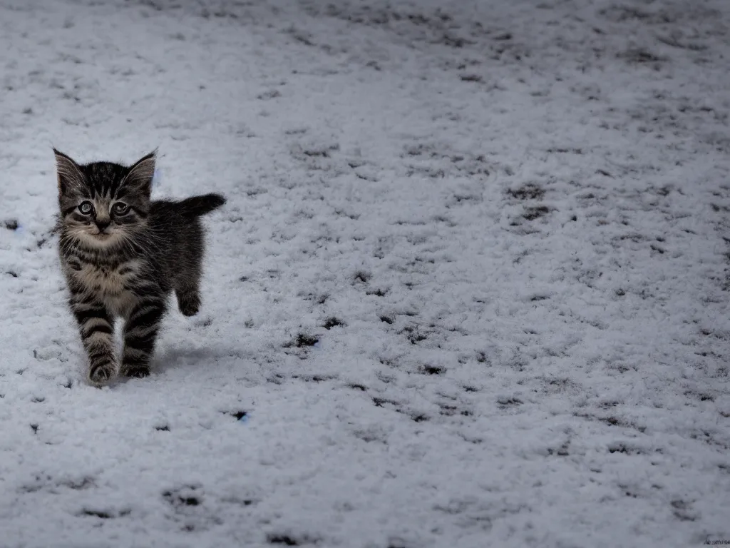 Prompt: A photograph of a kitten walking in the snow .560mm,ISO400,F/9,1/320,Canon EOS 7D Mark II.