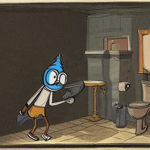 Image similar to An illustration of Mordecai and Rigby shooting an anamorphic toilet, detailed