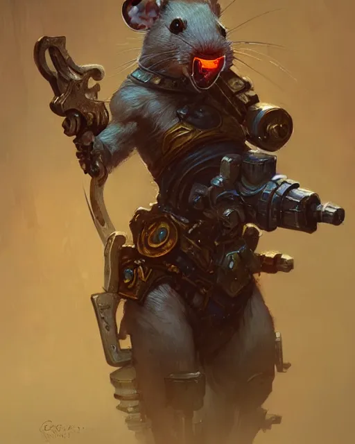 Image similar to cute pet rat short muscular warrior cyberpunk theme medieval, deep focus, d & d, fantasy, intricate, elegant, highly detailed, digital painting, artstation, concept art, matte, sharp focus, illustration, hearthstone, art by artgerm and greg rutkowski and alphonse mucha