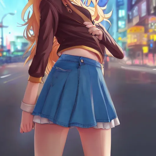 Image similar to a very beautiful anime girl, full body, long golden hair, sky blue eyes, full round face, short smile, mini jeans skirt, cute top, urban setting, cinematic lighting, medium shot, mid-shot, highly detailed, trending on Artstation, Unreal Engine 4k, cinematic wallpaper by Stanley Artgerm Lau, WLOP, Rossdraws, James Jean, Andrei Riabovitchev, Marc Simonetti, and Sakimichan