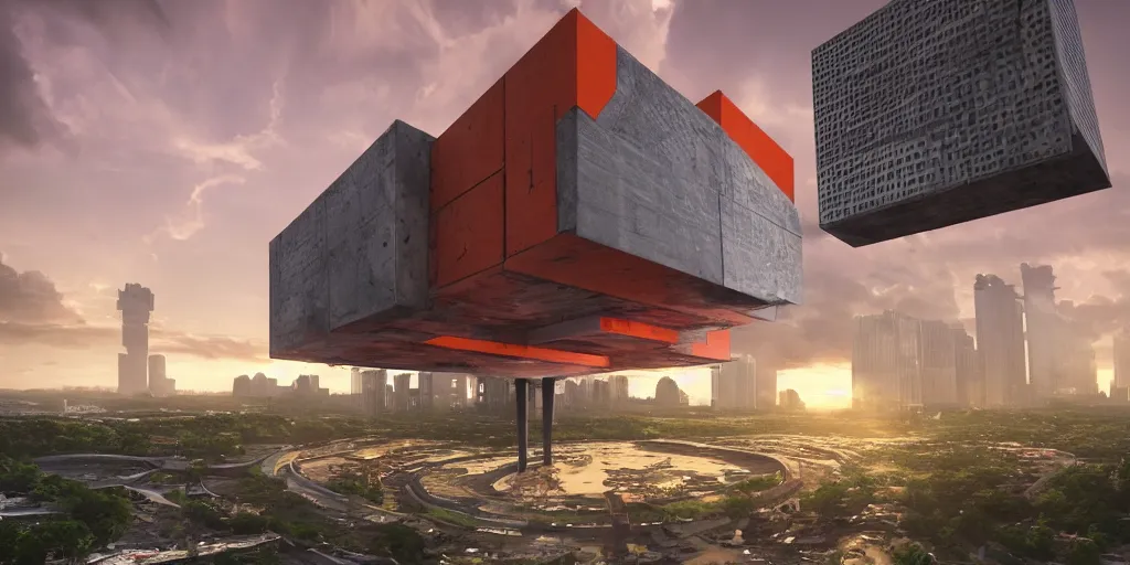 Prompt: highly detailed futuristic huge cube with red and orange glow, on the background brutalist architecture by Le Corbusier, abandoned buildings, empty streetscapes, surrounded by lush green vegetation, ground-level view, puddles of water, stunning volumetric lighting, sunset, trending on Artstation, 8k, photorealistic, hyper detailed, unreal engine 5, cinematic, epic lighting, cryengine, octane render, cyberpunk, dark, gloomy