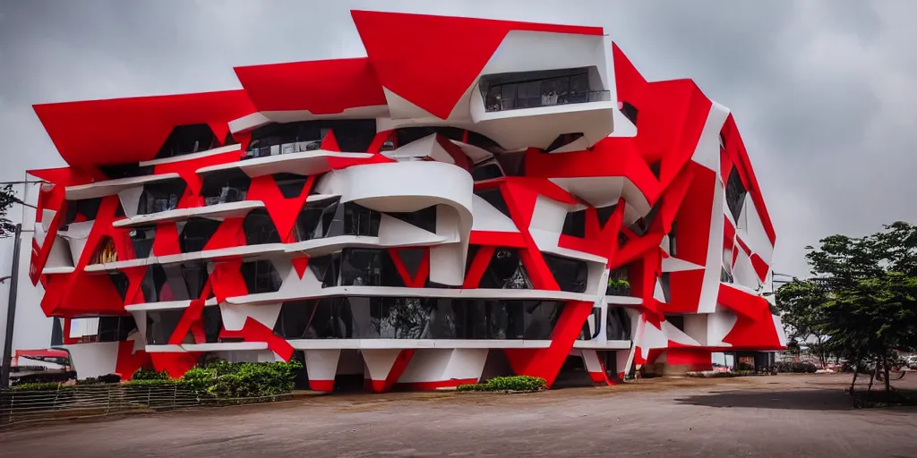 Image similar to extremely beautiful architecture photo of a red black yellow and white building complex in lagos nigeria in the style of rem koolhaas and virgil abloh, zaha hadid, postmodern, clean, the structure is angular and geometric, beautiful, award winning architecture, extremely beautiful lighting, cinematic composition, modern, render, architectural, architecture, realistic, clear