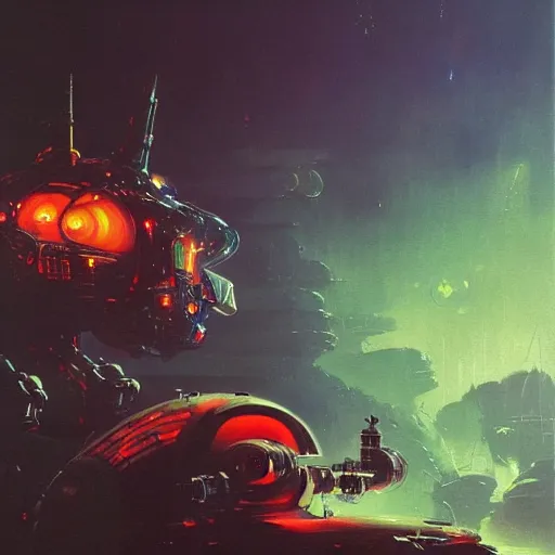 Image similar to a dark and colorful close - up of a sci - fi mecha spaceship with led lights glowing fog in the background. highly detailed science fiction painting by norman rockwell, frank frazetta, and syd mead. rich colors, high contrast, gloomy atmosphere, dark background. trending on artstation