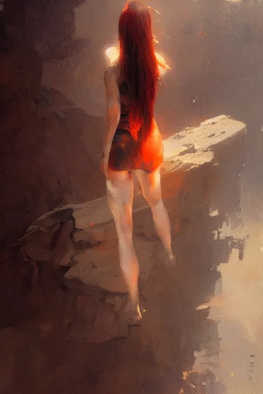 Prompt: an epic painting of a 1 9 years old girl figure, dramatic earth colors, with few fire red highlights, by jeremy mann and greg rutkowski, trending on artstation, oil on canvas