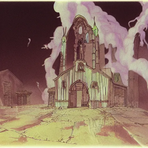 Image similar to ghost of a young girl, a burnt out church, wisps of smoke, photorealism, cel shaded, studio ghibli, hayao miyazaki