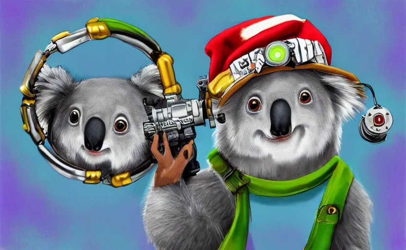 Prompt: “ cute koala with very big eyes, wearing a bandana and chain, holding a laser gun, standing on a desk, digital art, award winning, in the style of the movie madagascar ”