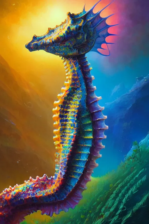 Prompt: highly detailed portrait of rainbow - colored seahorse, stephen bliss, unreal engine, fantasy art by greg rutkowski, rhads, ferdinand knab, makoto shinkai and lois van baarle, ilya kuvshinov, rossdraws, tom bagshaw, global illumination, radiant light, yellow blue theme, coral reef