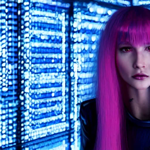 Prompt: joi from blade runner 2 0 4 9 as a giant pink skinned translucent hologram with blue hair, neo noire