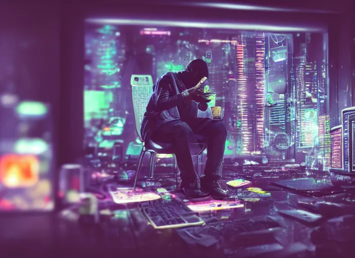 Prompt: Photo of a person jacked into cyberspace in a dark apartment, computer terminal, highly detailed, 4k, cyberpunk, crushed drink cans