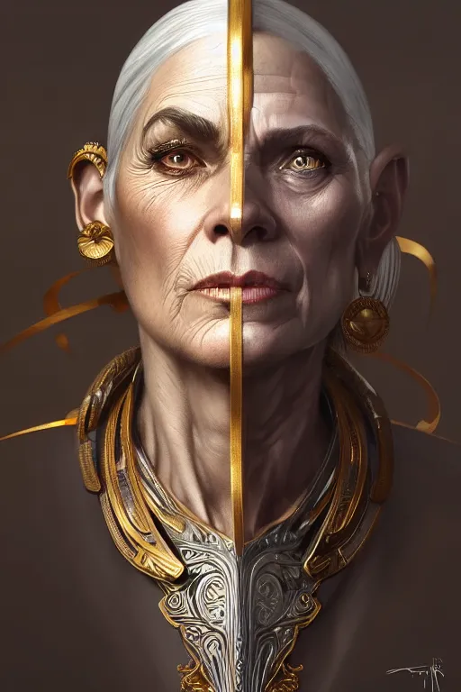 Image similar to portrait of a middle aged grey haired woman in the style of god of war, golden machine parts, intricate, elegant, highly detailed, digital painting, artstation, concept art, smooth, sharp focus, illustration, art by artgerm and greg rutkowski and alphonse mucha, 8 k