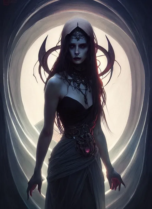 Prompt: a beautiful cinematic female Necromancer Sorceress goddess of death, fantasy magic, undercut hairstyle, dark light night, intricate, elegant, sharp focus, illustration, highly detailed, digital painting, concept art, matte, art by WLOP and Artgerm and Greg Rutkowski and Alphonse Mucha, masterpiece