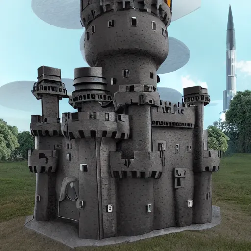 Prompt: metal modern castle with rocket launchers, highly detailed, 4k, HDR, smooth, sharp focus, hyper realistic, high resolution