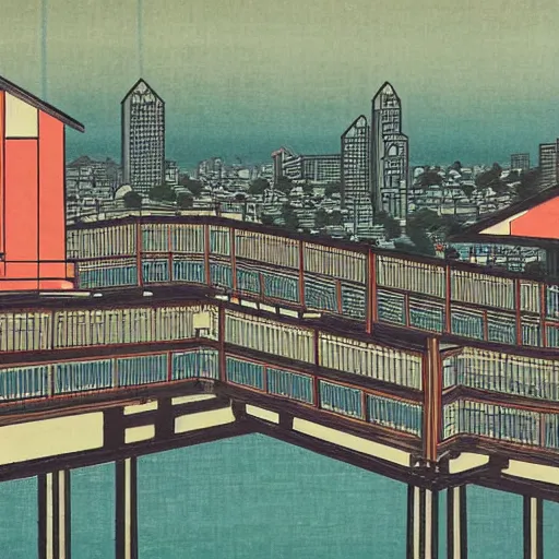 Image similar to ukiyo - e painting of the skyline of singapore public housing