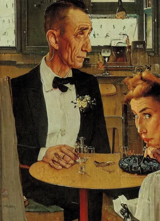 Image similar to A sad married couple having lonely dinner on a Saturday night painted by Marius Van Dokum, Norman Rockwell