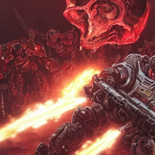 Prompt: doom slayer fighting russians, pre renaissance art, tsutomu nihei art,