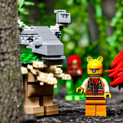 Image similar to lego mini build of forest creatures that live in the imagination forest, product photography, depth of field, cute looking, sharp focus, moebius, character sheet, game concept art