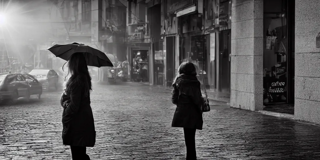 Prompt: it's raining, the sun is shining, the girl is facing the sun in backlight, street photography,warm colors Sony a7R