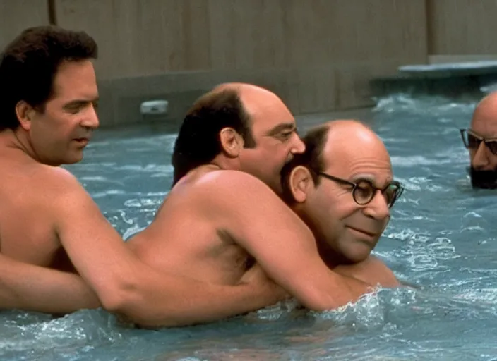 Image similar to film still of george costanza being rescued by a lifeguard in the new seinfeld episode, 4 k