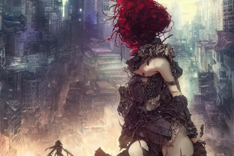 Image similar to goth woman in front of city, color page, tankoban, 4 k, tone mapping, akihiko yoshida, james jean andrei riabovitchev marc simonetti, yoshitaka amano, long hair, curly, h. hydrochaeri