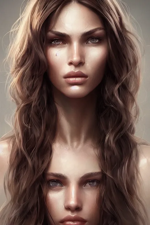 Image similar to Portrait of a Beautiful supermodel with a beautiful bone structure, long hair, olive skin, brown eyes, elegant, digital painting, highly detailed, artstation, concept art, smooth, sharp focus, illustration, art by artgerm and greg rutkowski.