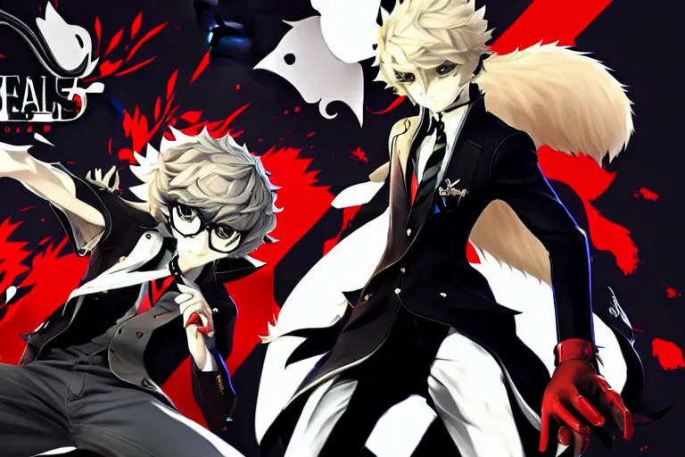 Image similar to persona 5 : royal ( by atlus ) video game splash screen, a furry male sandcolored tan fox fursona ( has hair ), persona 5 phantom thief style