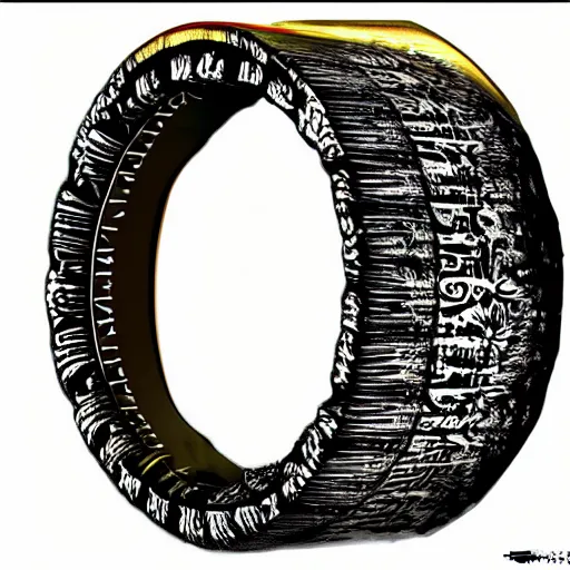 Image similar to the ring from lord if the rings with an imprinted ruler, cm scale imprinted on the inside of the ring, one ring to rule them all, highly detailed, 8 k, trending on artstation, mystic, rpg artwork