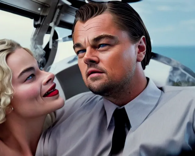 Image similar to leonardo dicaprio as the wolf of wall street next to margot robbie as naomi from the wolf of wall street in a helicopter, hyper realistic faces, beautiful eyes, cinematic, long shot, hyper detailed, 8 5 mm photograph, 8 k resolution, film still, sharp lens, wide lens