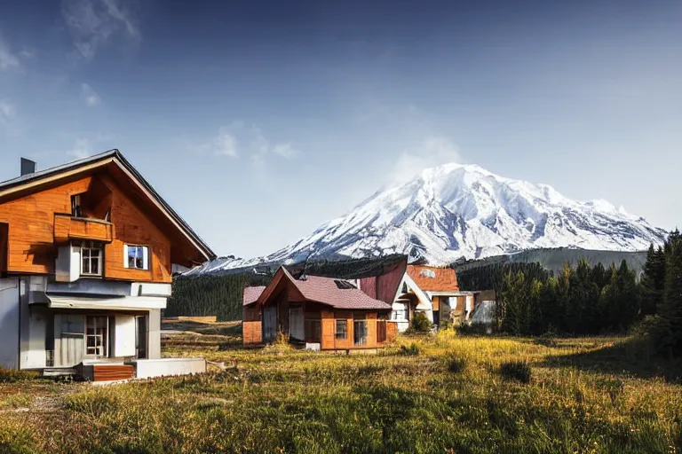 Prompt: architecture photo modern fachwerk house cottage settlement with Elbrus mountain on the background, architecture, high-tech technology, futuristic ecocity, photorealism 8k , high details