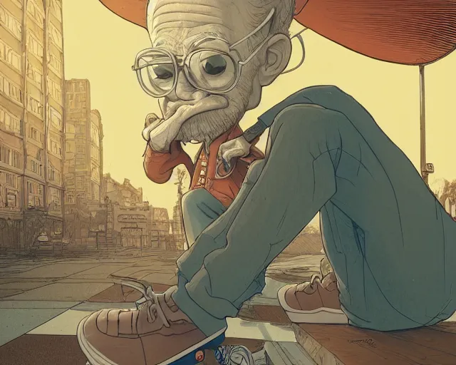 Image similar to a study of cell shaded cartoon of the old man from up on a skateboard, illustration, wide shot, subtle colors, post grunge, concept art by josan gonzales and wlop, by james jean, Victo ngai, David Rubín, Mike Mignola, Laurie Greasley, highly detailed, sharp focus, alien, Trending on Artstation, HQ, deviantart, art by artgem