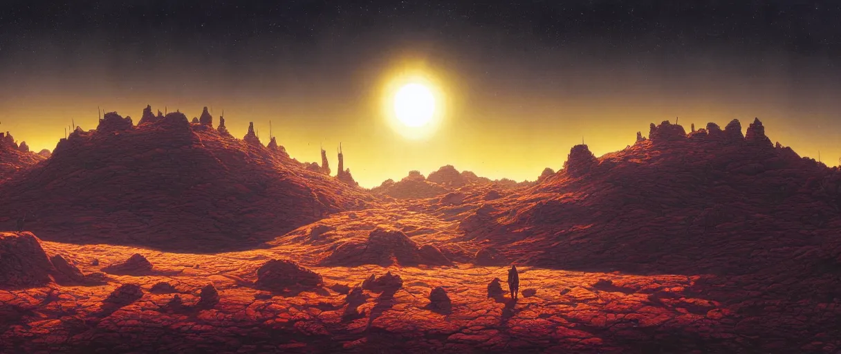 Image similar to detailed hyper realistic landscape of a harsh barren exoplanet with tall slender crystalline lifeforms, beautiful dramatic moody lighting, cinematic atmosphere, by Jean Giraud, Alex Grey, Zdzislaw Beksiński, Dan Mumford, Patiphan Sottiwilaiphong, Yintion J - Jiang Geping