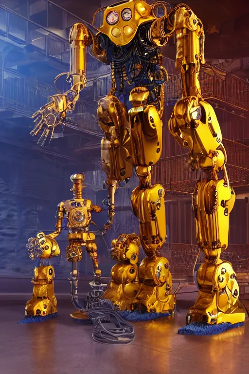 Prompt: portrait photo of a giant huge golden and blue metal humanoid steampunk robot cleaner robot, with gears tubes vaccuumcleaner, on the wet floor are mop and bucket, eyes are glowing red lightbulbs, shiny crisp finish, 3 d render, 8 k, insaneley detailed, fluorescent colors, background is multicolored lasershow