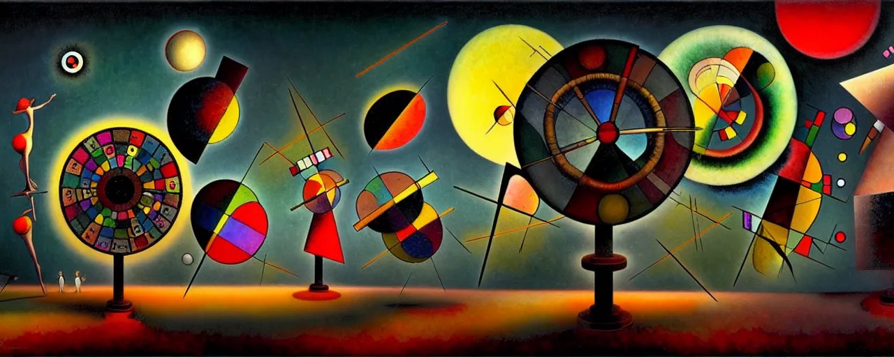 Prompt: hedonic treadmill, dark uncanny surreal painting by ronny khalil, shaun tan, and kandinsky, ixions wheel