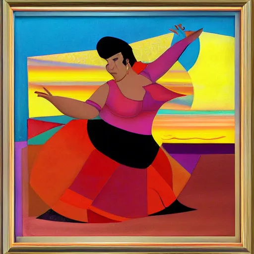 Prompt: fat latin woman dancing, brilliant sunset, cubism, texture, no collage, no pastel