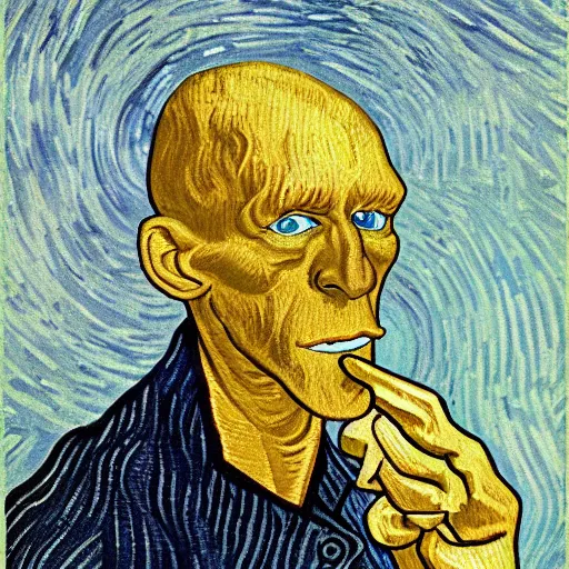 Image similar to handsome squidward portrait, van gogh art style, strong chin, big mouth