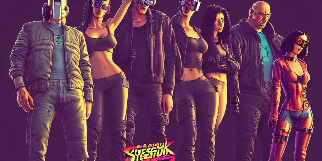 Image similar to cyberpunk heist crew. portrait by stonehouse and mœbius and will eisner and gil elvgren and pixar. character design. realistic proportions. dystopian. cyberpunk 2 0 7 7 character art, blade runner 2 0 4 9 concept art. cel shading. attractive face. thick lines. hi def 4 k. the team. detailed interesting characters. realistic expressive faces.